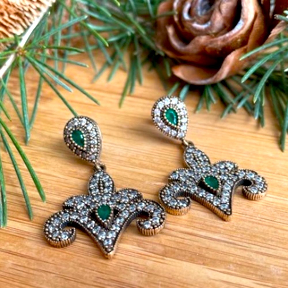 925 Sterling Silver, Emerald & Topaz drop Earrings - Picture 3 of 6